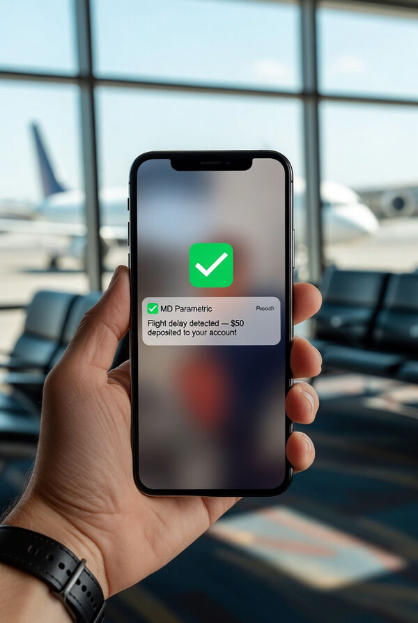 iPhone showing MD Parametric push notification — Flight delay detected, $50 deposited to your account