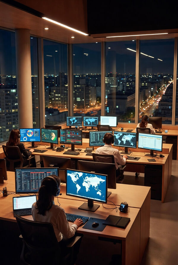 MDabroad 24/7 operations center in Buenos Aires — multilingual operators with world maps and case dashboards at night