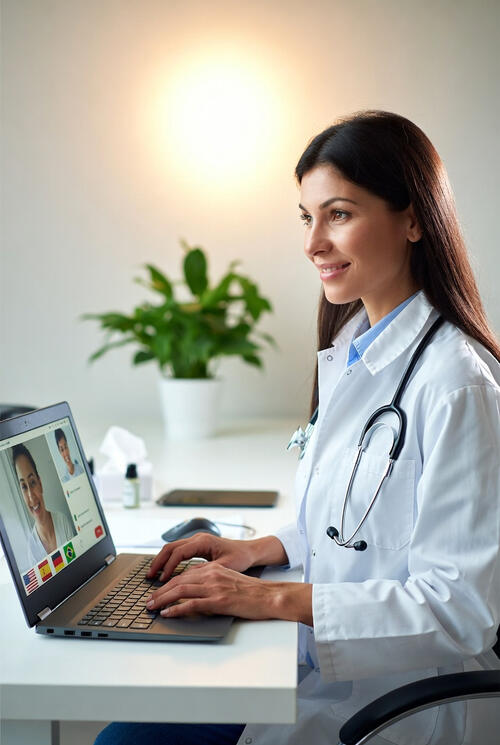 Doctor providing multilingual telehealth consultation via MDabroad platform